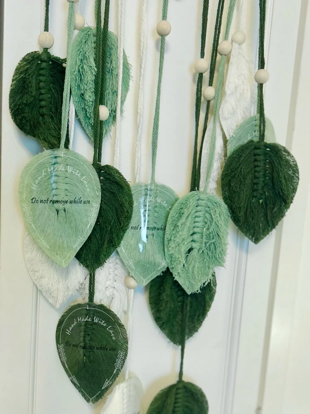 Handmade Green & Cream Leaf Wall Hanging - Boho Home Holiday Decor